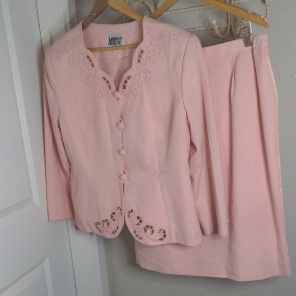 Vintage 80s Morgan Taylor Pink Skirt Suit Blazer Wedding Mother Of Bride SZ 18 - Picture 1 of 16